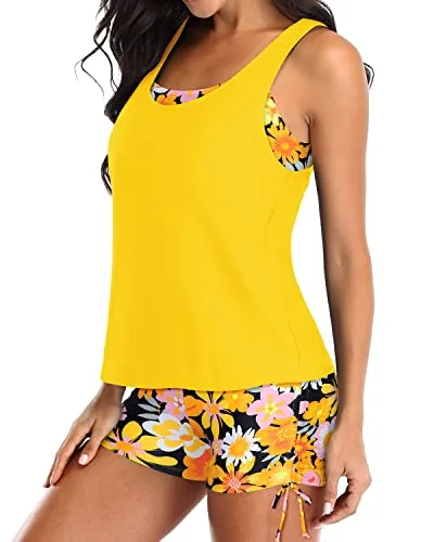 3 Piece Womens Tankini Swimsuit Shorts Athletic Bathing Suit-Yellow Flowers