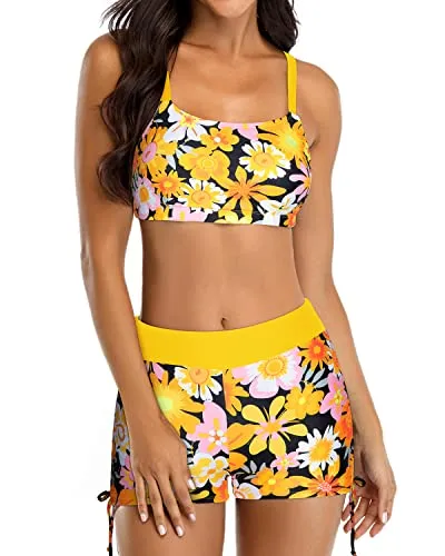 3 Piece Womens Tankini Swimsuit Shorts Athletic Bathing Suit-Yellow Flowers