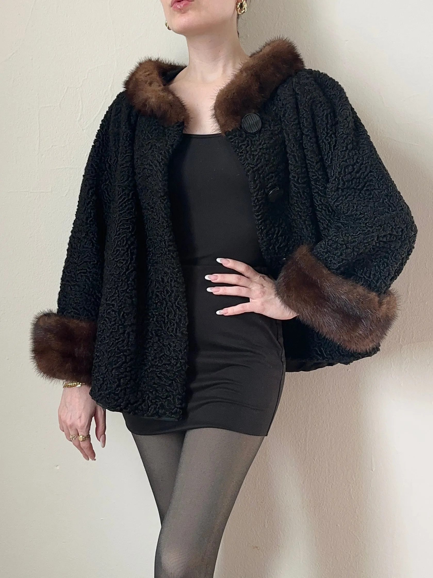 50s Black Mink Collar Sherpa Wool Coat (M)