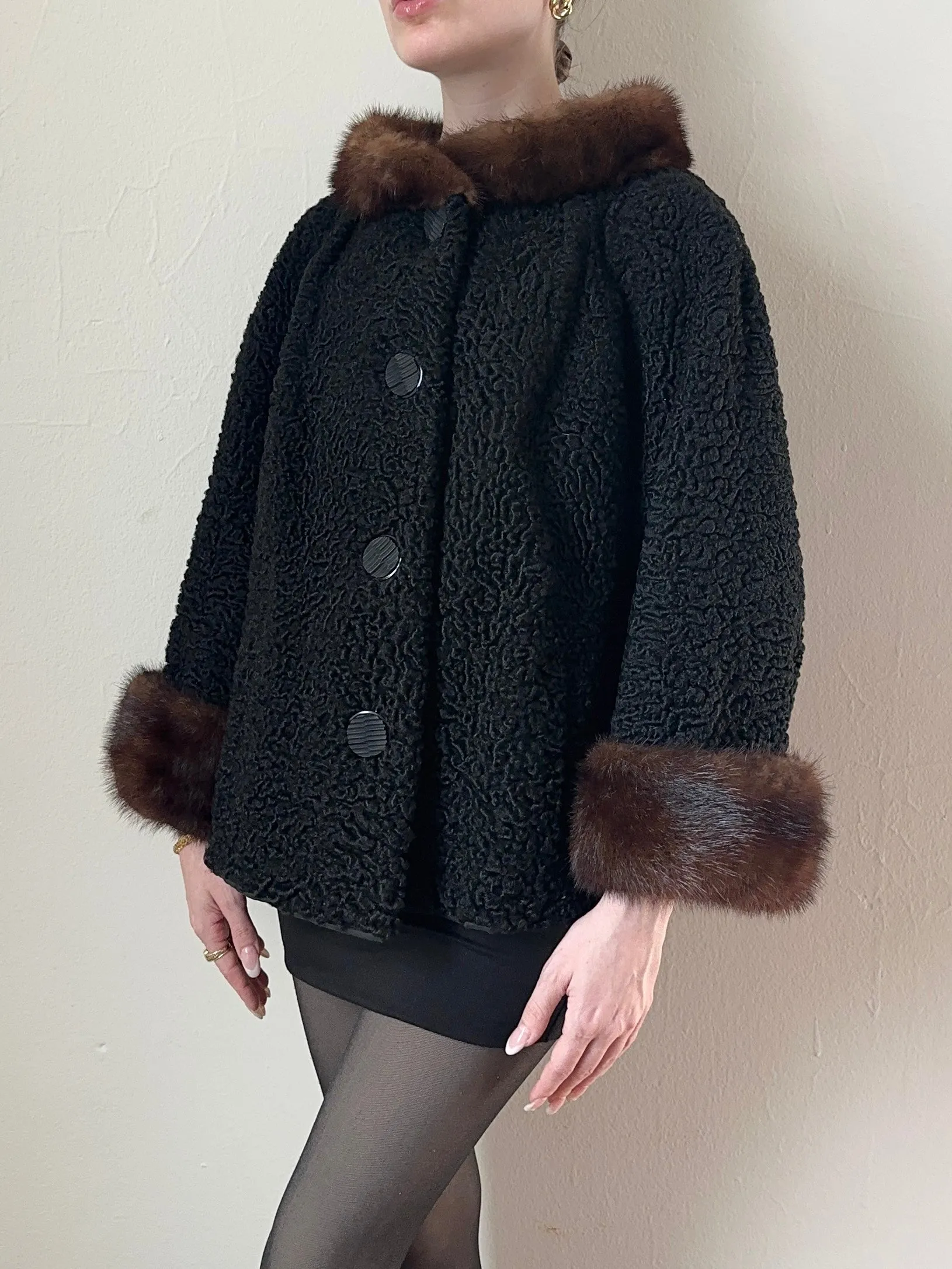 50s Black Mink Collar Sherpa Wool Coat (M)