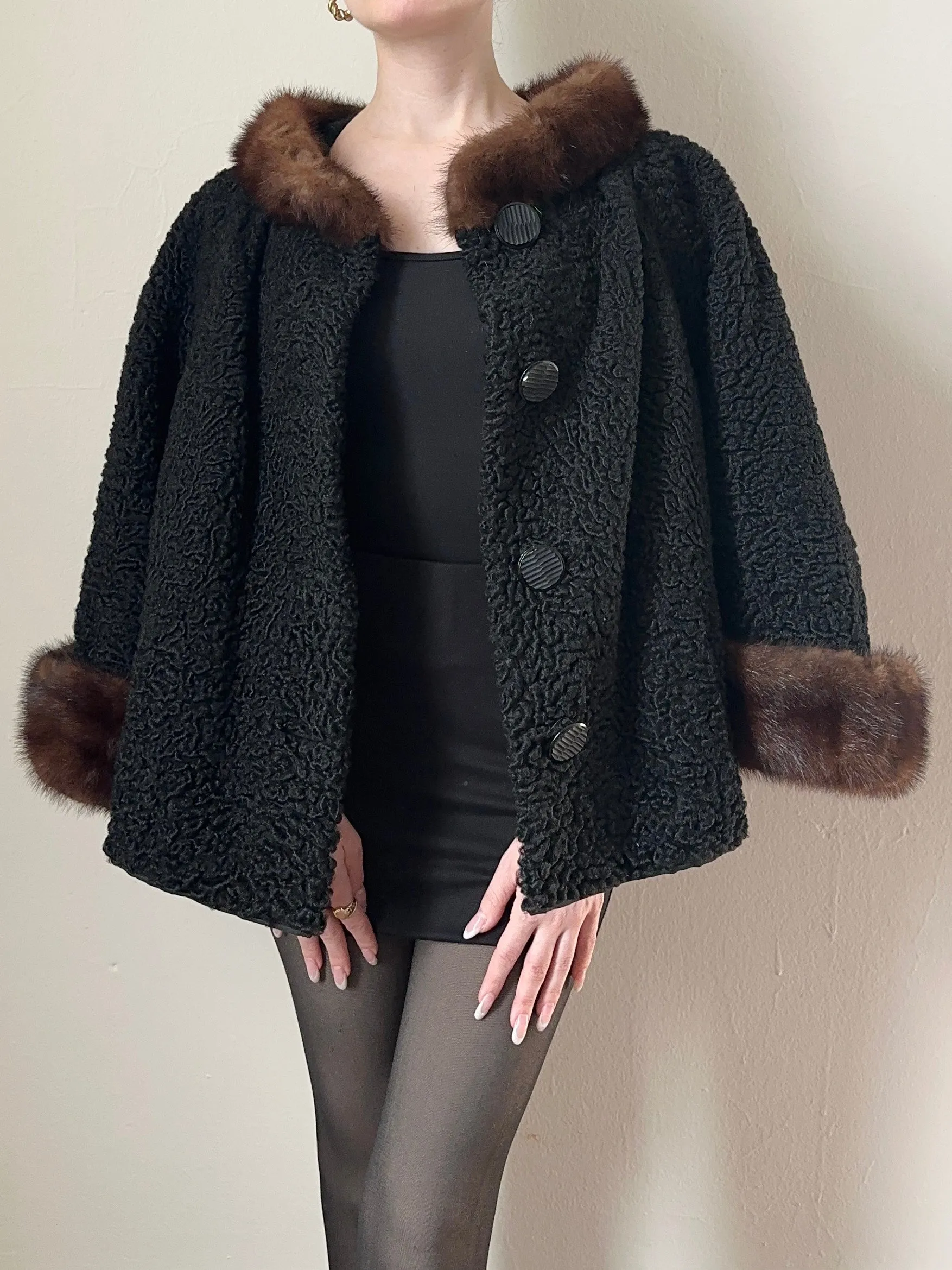 50s Black Mink Collar Sherpa Wool Coat (M)