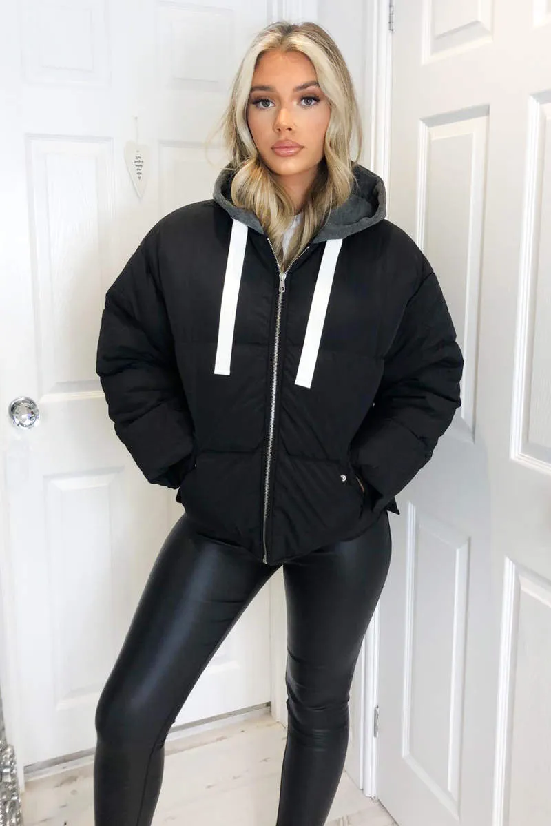 Black Fabric Hood Puffer Jacket