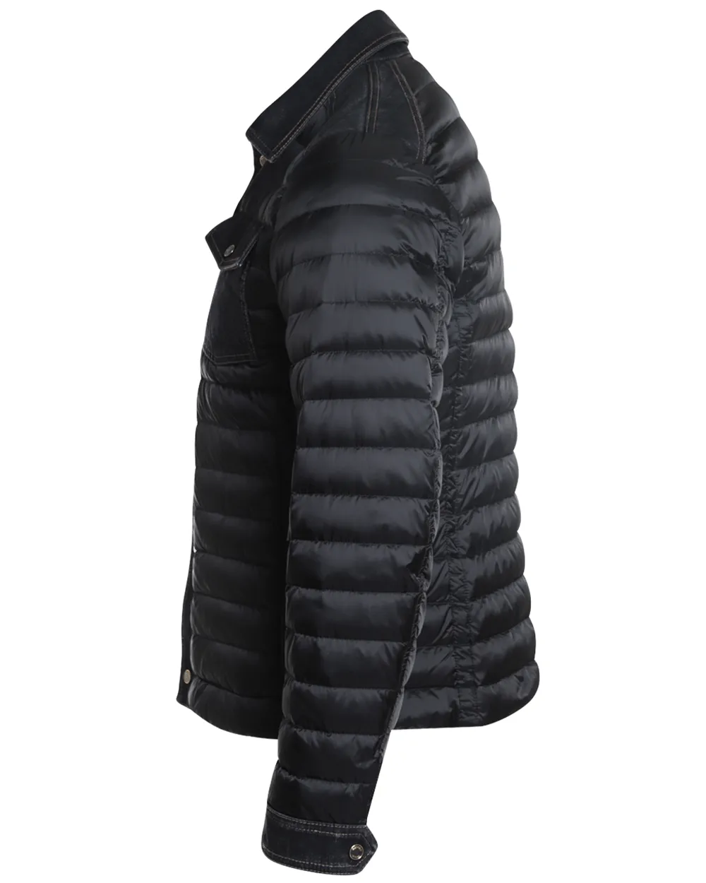 Black Nylon Puffer Jacket with Denim Trim