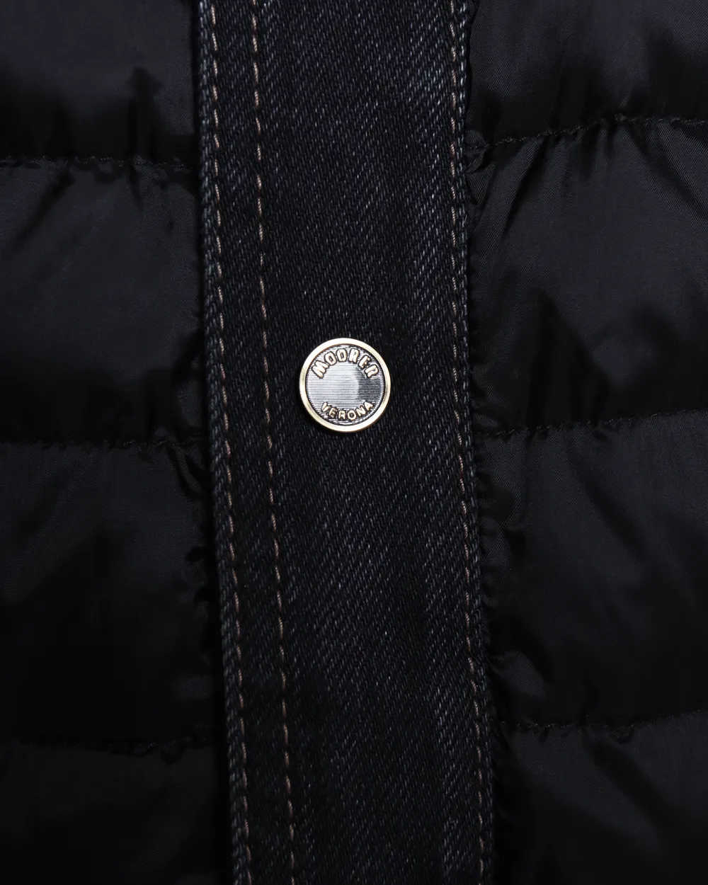 Black Nylon Puffer Jacket with Denim Trim