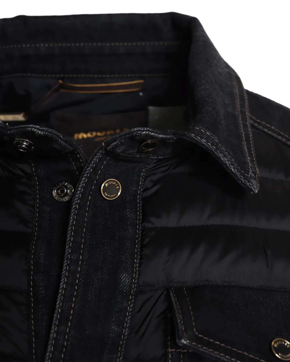 Black Nylon Puffer Jacket with Denim Trim