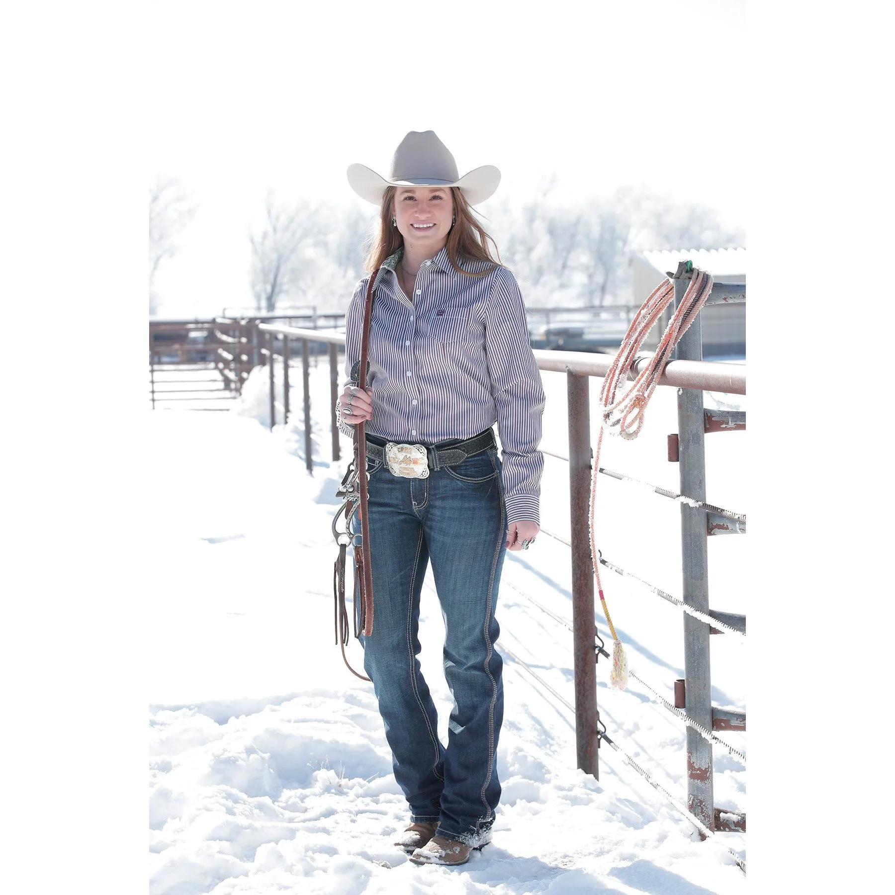 Cinch Women's White and Brown Tencel Stripe Western Shirt