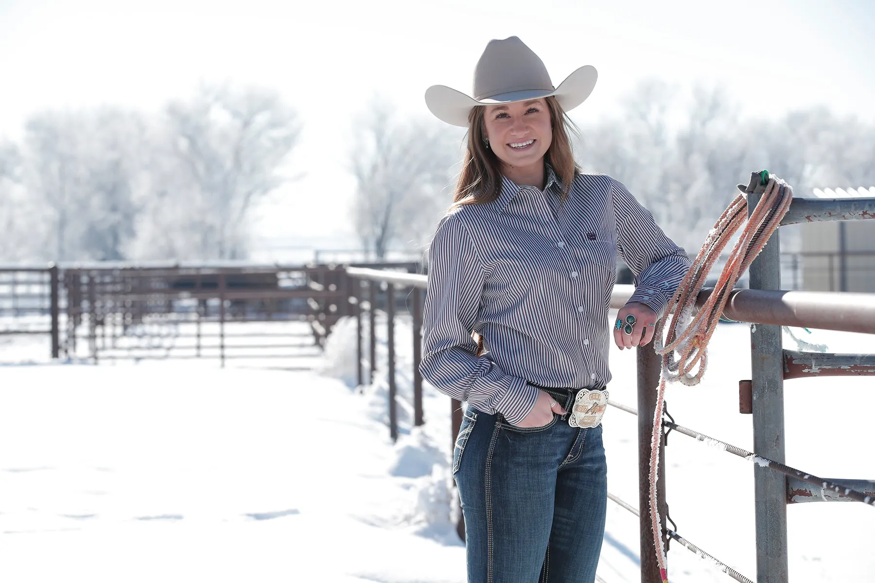 Cinch Women's White and Brown Tencel Stripe Western Shirt