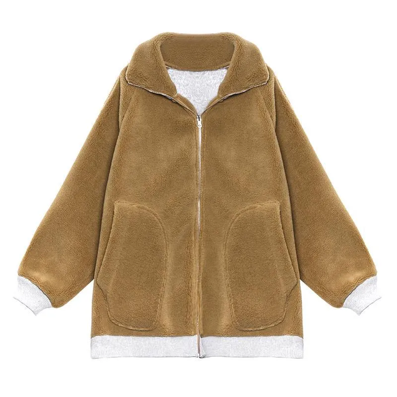 Fine khaki Wool winter jackets lapel zippered women coats