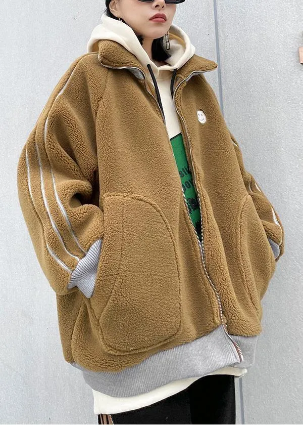 Fine khaki Wool winter jackets lapel zippered women coats