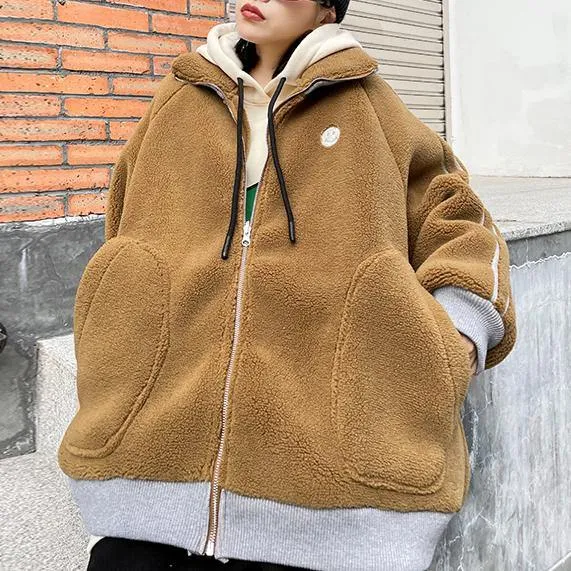 Fine khaki Wool winter jackets lapel zippered women coats