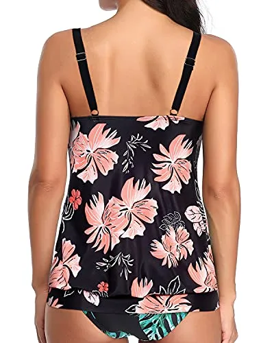 Modest Scoop Neck Tankini Top Soft Bra Padding For Women Swimwear-Black Orange Floral