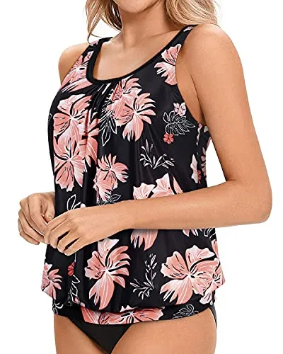 Modest Scoop Neck Tankini Top Soft Bra Padding For Women Swimwear-Black Orange Floral