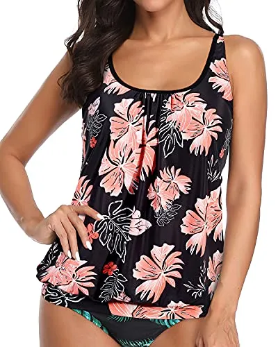 Modest Scoop Neck Tankini Top Soft Bra Padding For Women Swimwear-Black Orange Floral