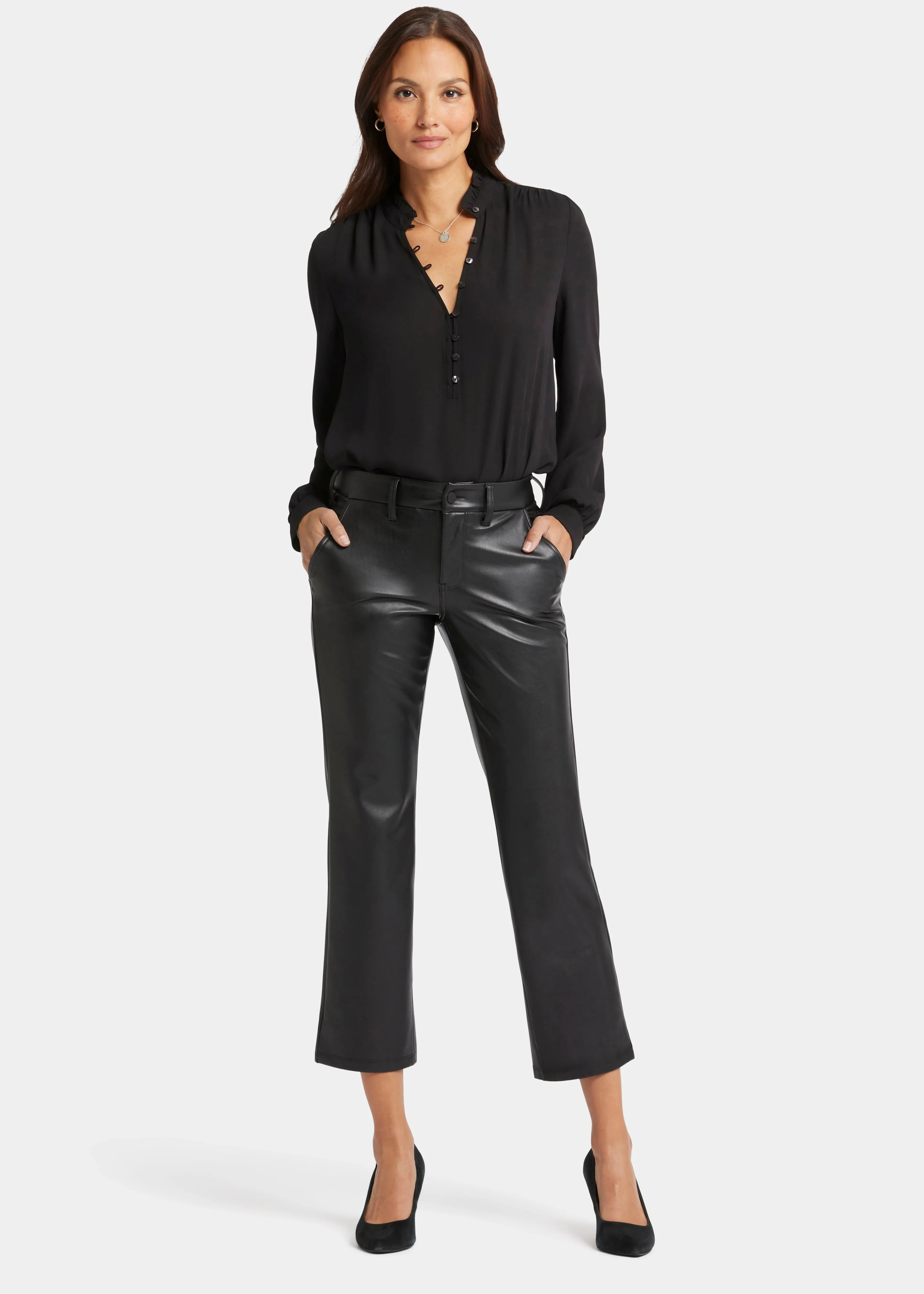 NYDJ - Faux Leather Straight Leg Ankle Pants - Black