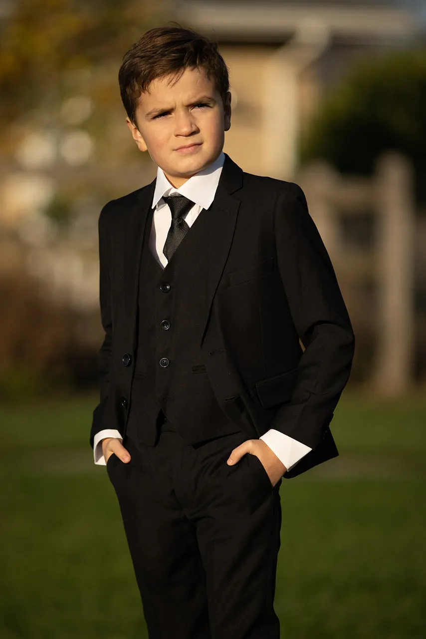 "Liam" Kids Onyx Black Suit (5-Piece Set)