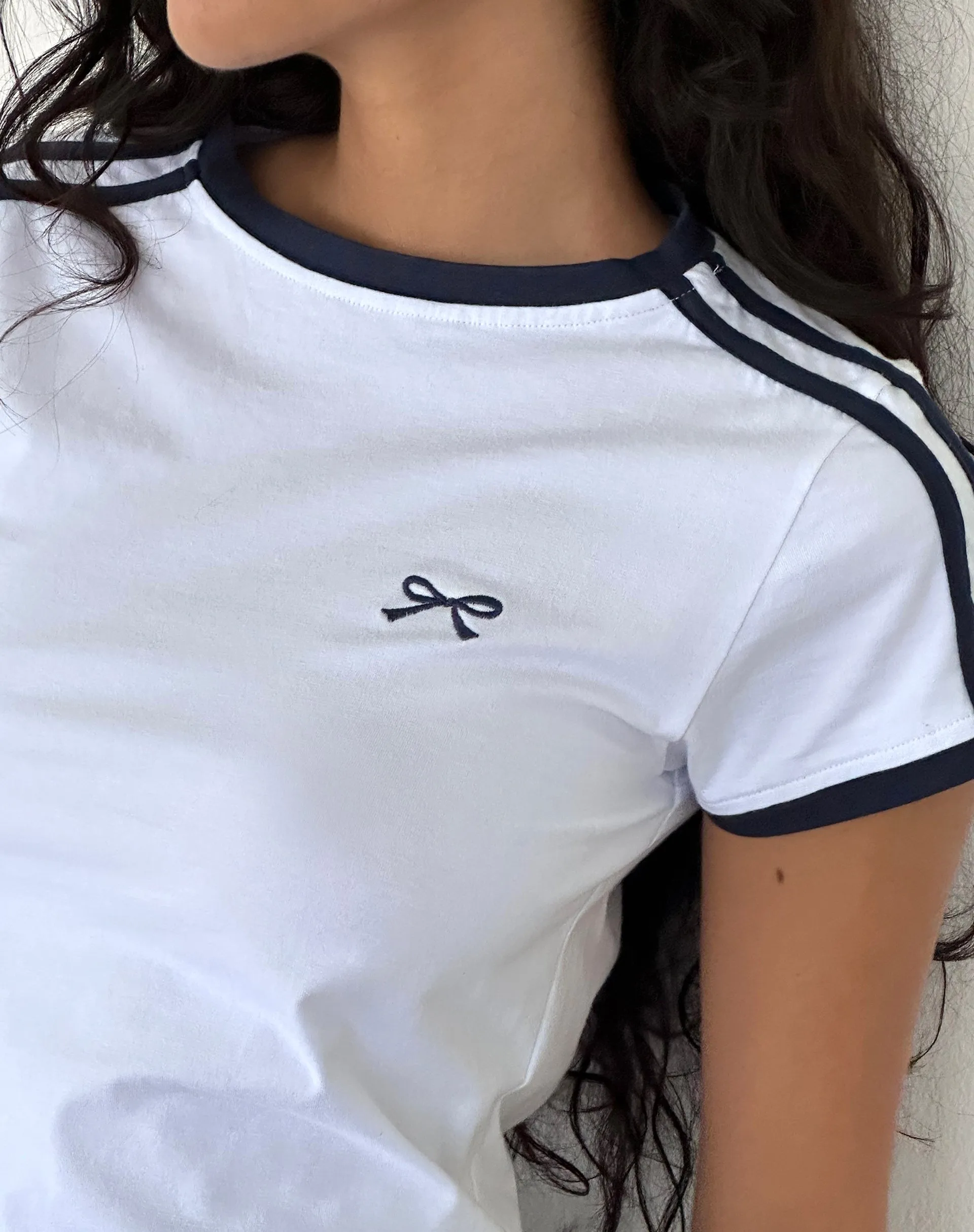 Salda Sporty Tee in White with Navy Binding