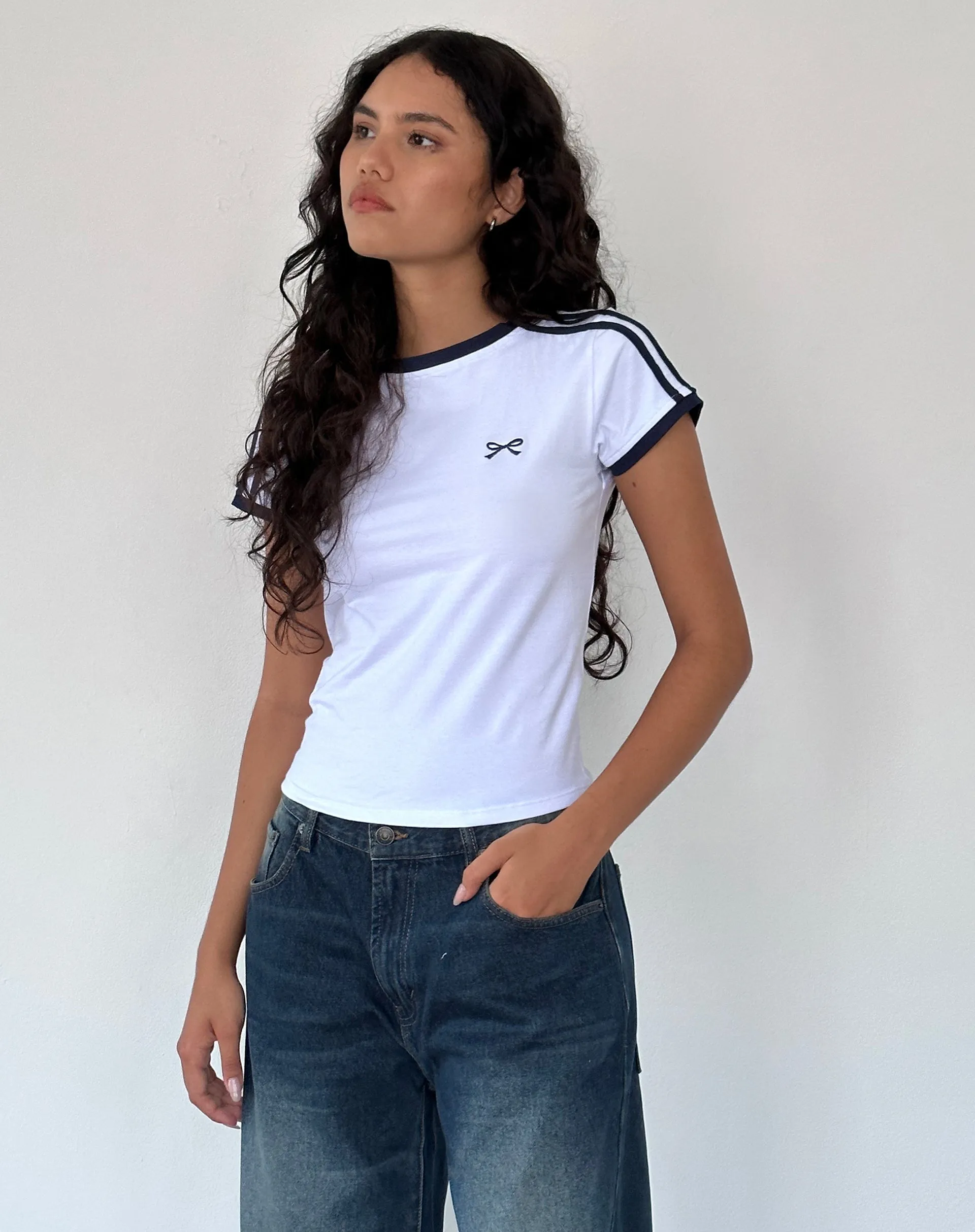 Salda Sporty Tee in White with Navy Binding