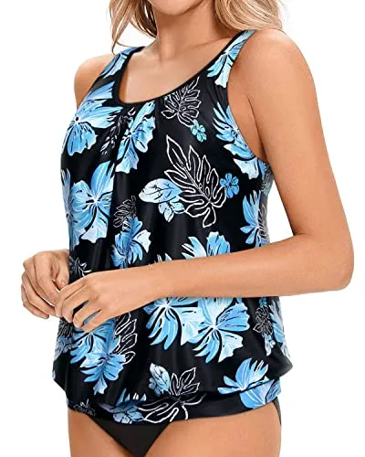 Tankini Tops For Women Blouson Style Modest And Athletic-Black Blue Floral