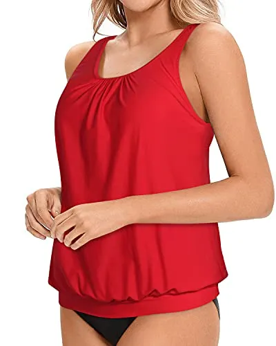 Women's Blouson Tankini Top No Bottom Loose Fit Modest Swim Top-Red