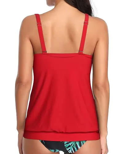 Women's Blouson Tankini Top No Bottom Loose Fit Modest Swim Top-Red