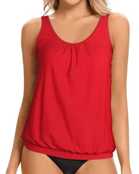 Women's Blouson Tankini Top No Bottom Loose Fit Modest Swim Top-Red