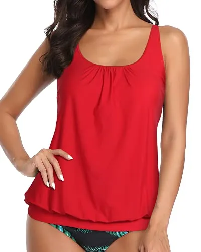 Women's Blouson Tankini Top No Bottom Loose Fit Modest Swim Top-Red